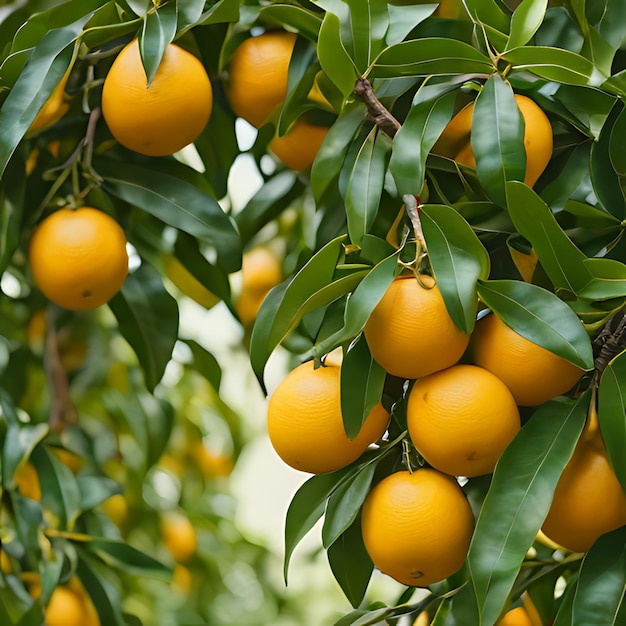 Foto ein baum mit orangen, die daran hängen, und ein baum mit grünen blättern