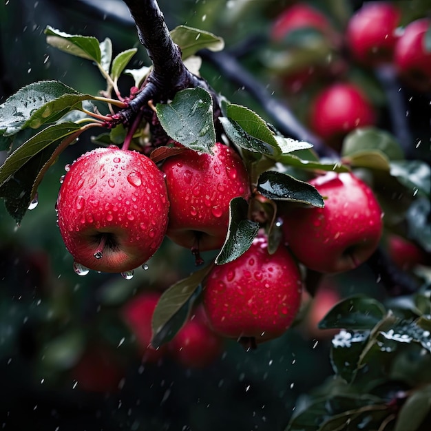 Ein Baum mit Äpfeln darauf und der Regen fällt.