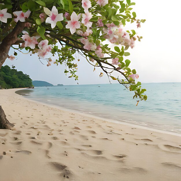 ein Baum mit pinkfarbenen Blüten ist an einem Strand