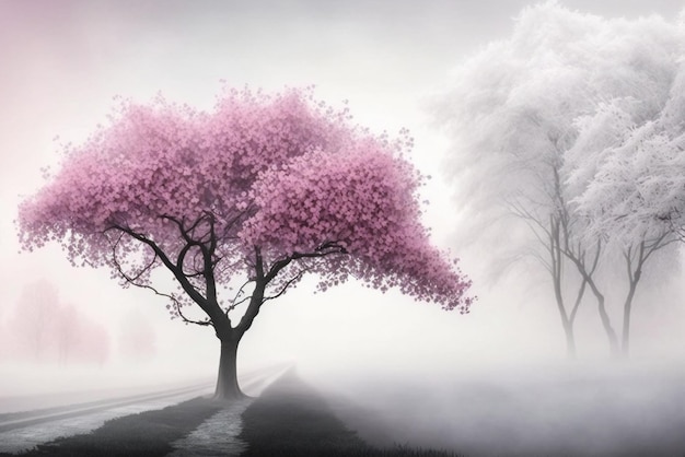 Ein Baum mit rosa Blüten im Nebel