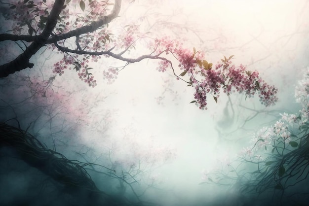 Ein Baum mit rosa Blüten im Nebel