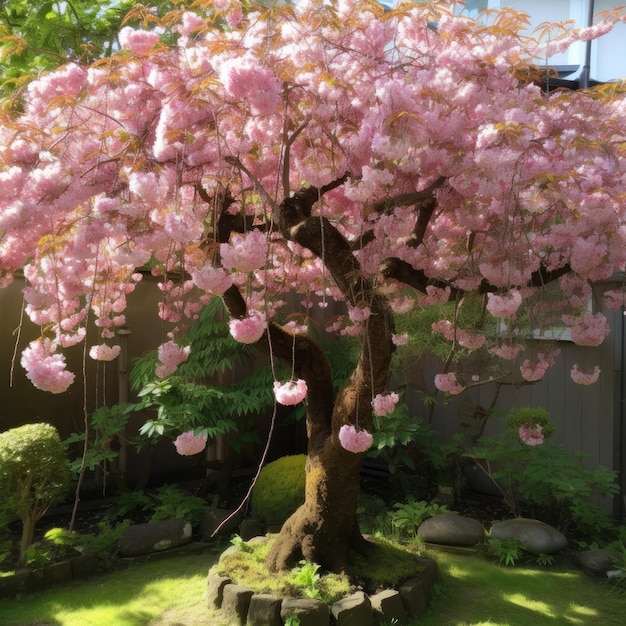 Ein Baum mit rosa Blüten in einem Garten