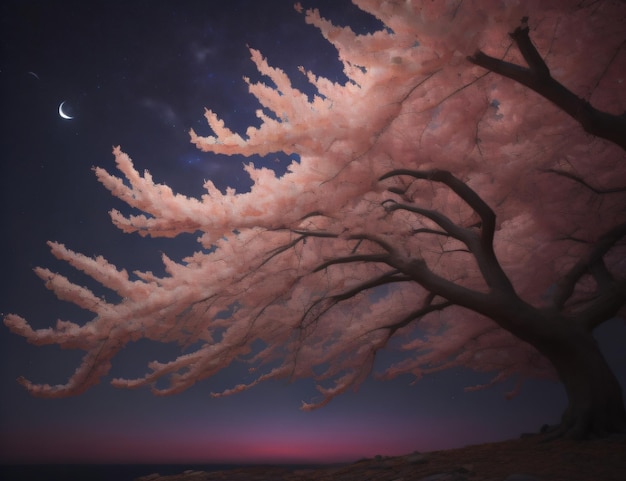 Ein Baum mit rosa Blüten und dem Mond im Hintergrund