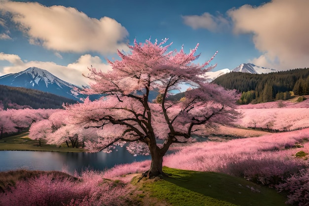 Ein Baum mit rosa Blüten vor einem Berg