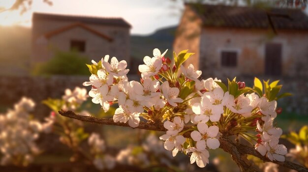 Ein Baum mit rosa Blüten vor einem Haus