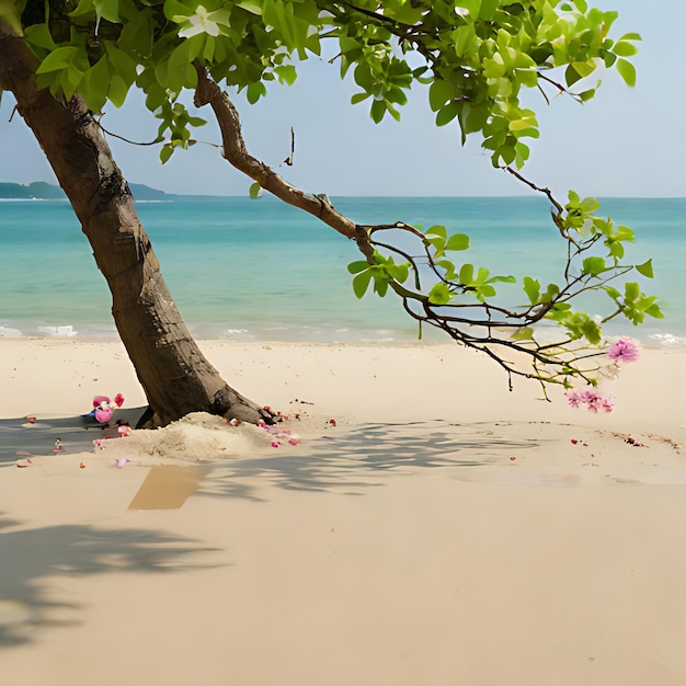 ein Baum mit rosa Blumen im Sand und einem Strand im Hintergrund