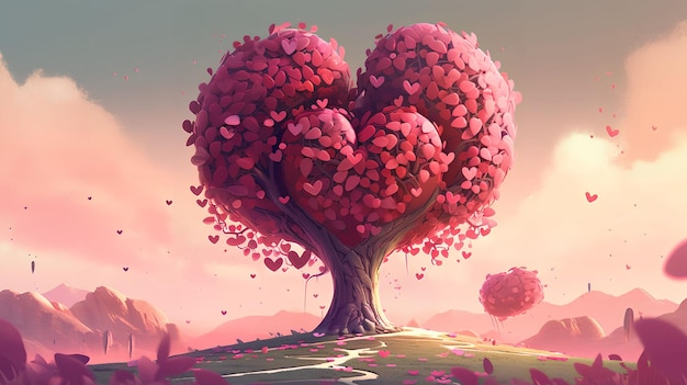 Ein Baum mit rosa Herzen in Form eines Herzens