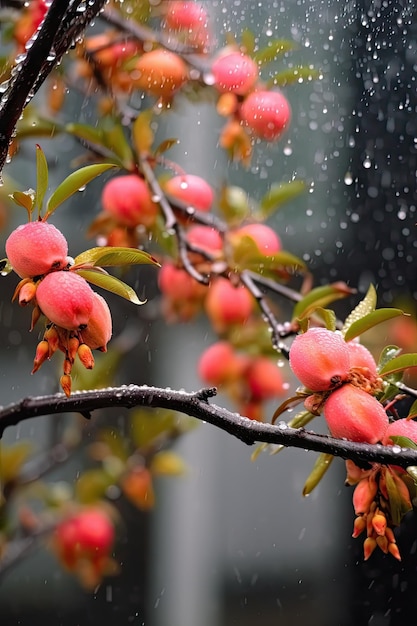 Ein Baum mit roten Früchten im Regen