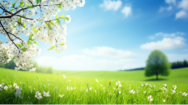 ein Baum mit weißen Blüten in einem Grasfeld