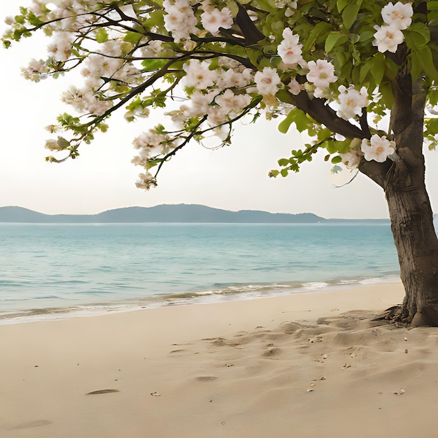 ein Baum mit weißen Blumen ist im Sand