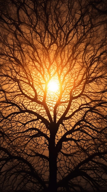 Ein Baum ohne Blätter vor einem Sonnenuntergang