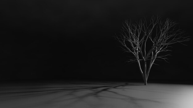 Ein Baum ohne Blatt auf einem glatten Zementboden in einem Nacht-3D-Rendering