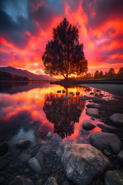Ein Baum spiegelt sich in einem See mit rotem Himmel und die Sonne geht dahinter unter.