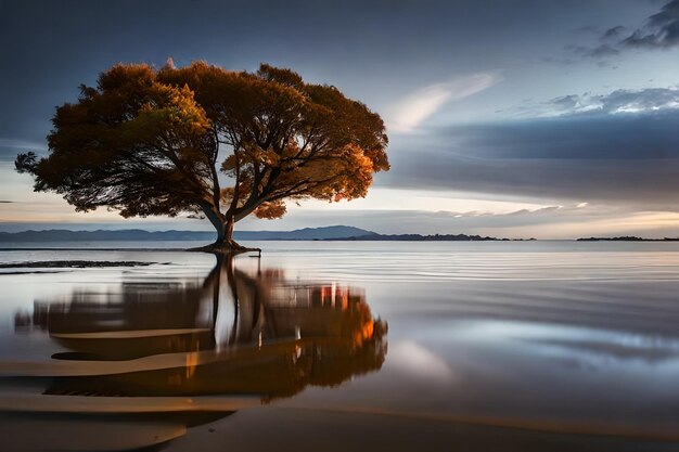 ein Baum steht bei Sonnenuntergang im Wasser.