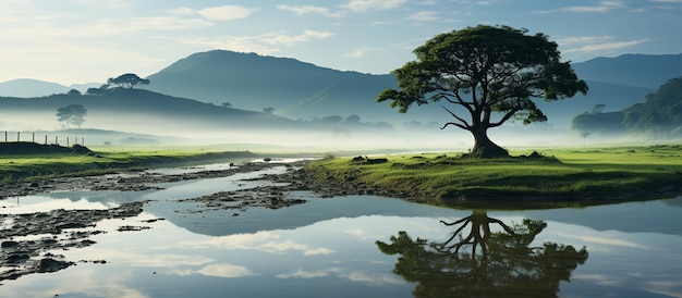 Ein Baum umgeben von einem Reisfeld im Hintergrund