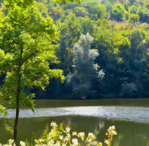 Ein Baum vor einem See mit dem Wort „drauf“.