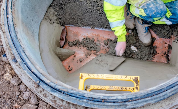 Ein Baumeister in einem gebauten Schacht, der es mit Sand- und Zementmischung aufstellt Konzept der Reparatur des Untergrunds