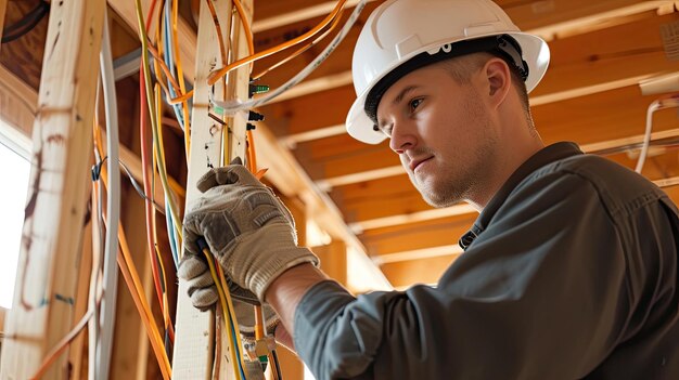 Ein Baumeister installiert die Verdrahtung in einem Haus Facharbeiter verdrahtet das Haus professioneller Elektriker Sicherheitsvorschriften Gebäudeinfrastruktur erzeugt von KI