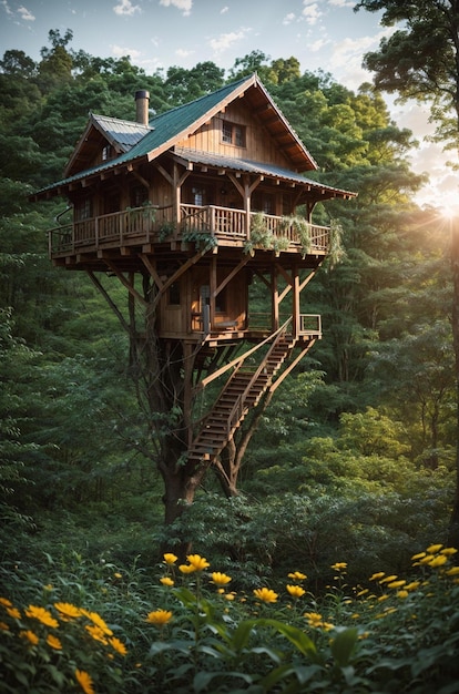 Ein Baumhaus im Wald mit einem Schild mit der Aufschrift „Das Haus“