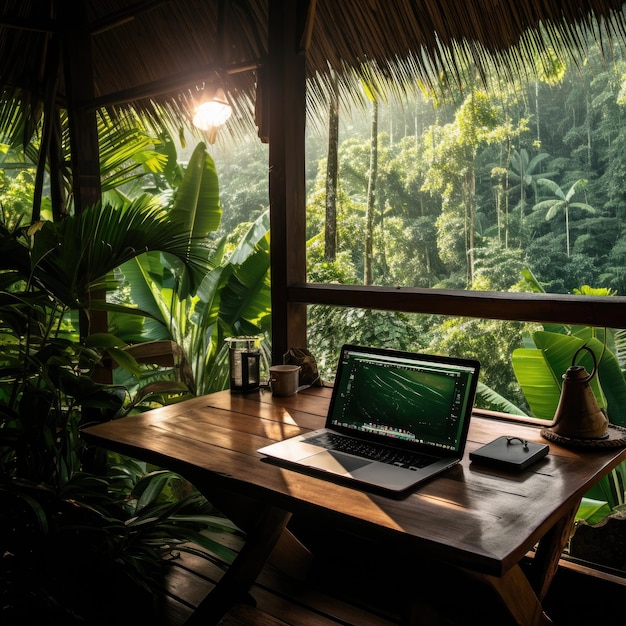 Ein Baumhaus in einem üppigen Dschungel. Laptop auf einer Holzplattform. Der Nomade arbeitet umgeben von viel Grün