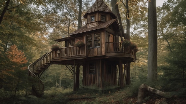 Ein Baumhaus mit Balkon und Treppe