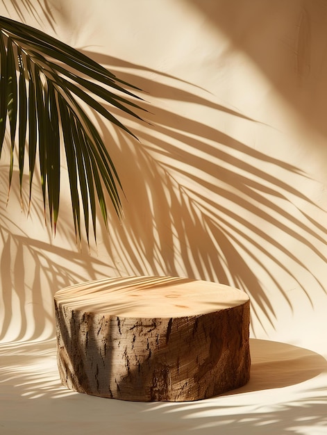 Ein Baumstumpf mit einem Schatten eines Palmenbaums und einer Pflanze im Hintergrund an einer weißen Wand