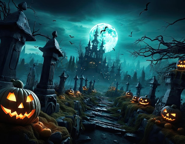 ein beängstigender Friedhof mit Halloween-Kürbissen, der Mond, der über dem Kopf aufsteigt, im Stil surrealistischer Fantasien