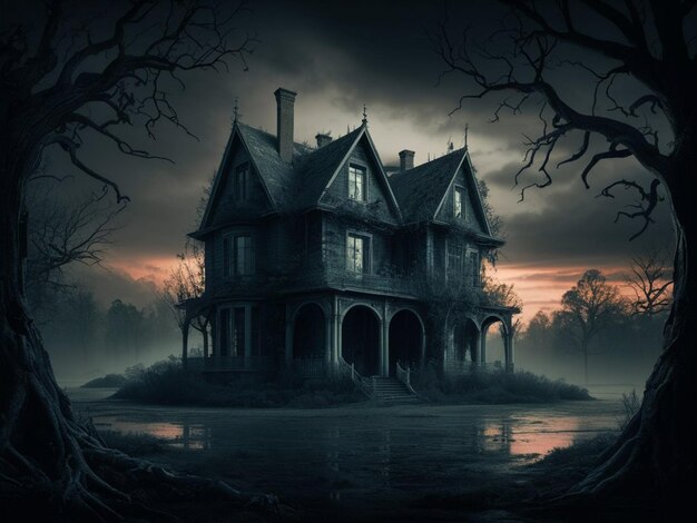 ein beängstigendes Haus mit einem beängstigenden Baum im Hintergrund