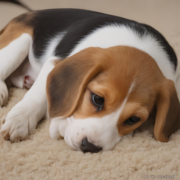 ein Beagle-Hund, der auf einem Teppich liegt, auf dem das Wort Photo steht