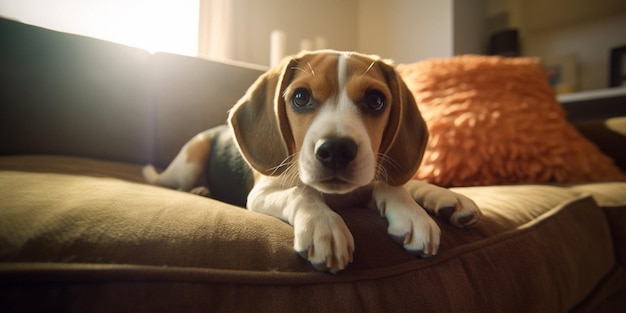 Ein Beagle-Hund liegt auf einer Couch, auf die die Sonne scheint.