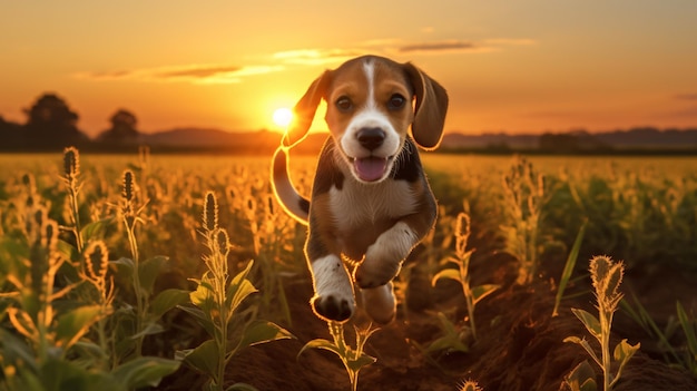 Ein Beagle-Welpe läuft während eines lebhaften Sonnenaufgangs durch ein Feld