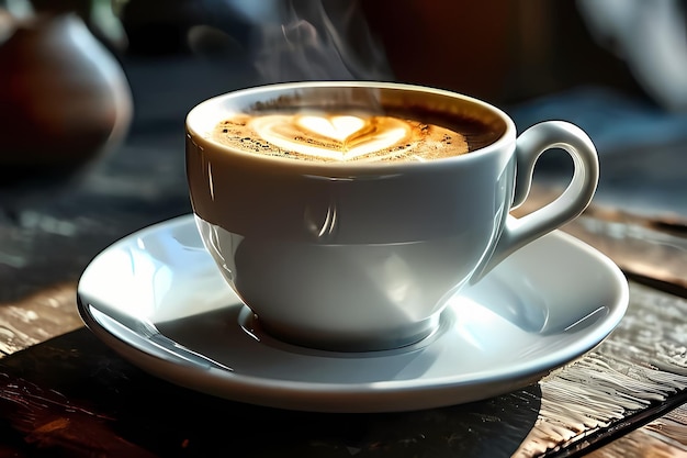 Ein Becher Kaffeelatte mit Herzform und Kaffeebohnen auf einem alten hölzernen Hintergrund