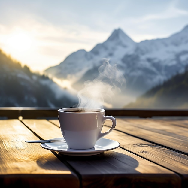 Foto ein becher mit heißem schwarzem kaffee auf der außenseite ist eine see-landschaft