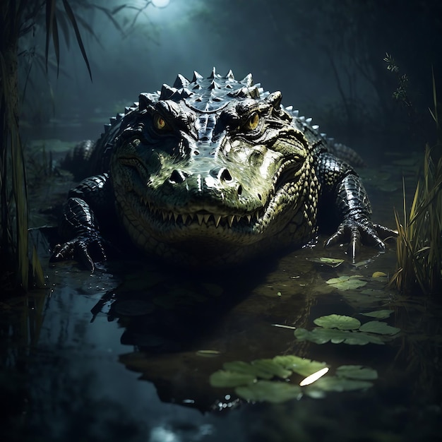 Ein bedrohliches Krokodil, das in einem trüben Sumpf lauert und dessen Augen im Mondlicht leuchten. KI-generiert