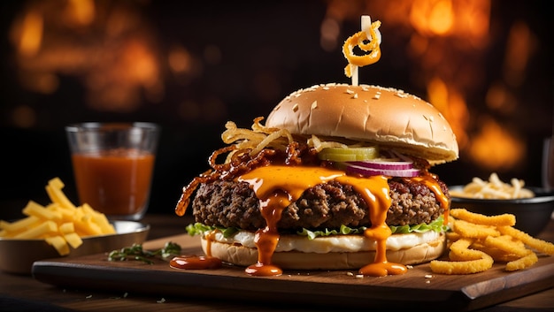 Ein Beefburger mit einem knusprigen Zwiebelring, geschmolzenem Cheddar-Käse und rauchiger Barbecue-Sauce