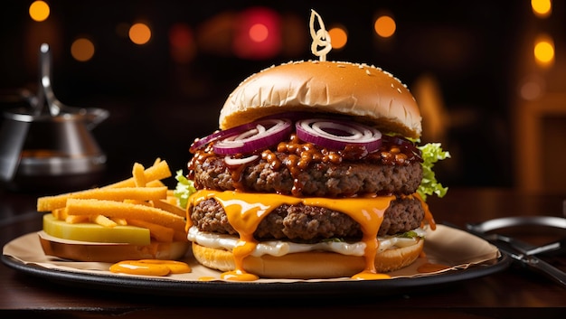 Ein Beefburger mit einem knusprigen Zwiebelring, geschmolzenem Cheddar-Käse und rauchiger Barbecue-Sauce