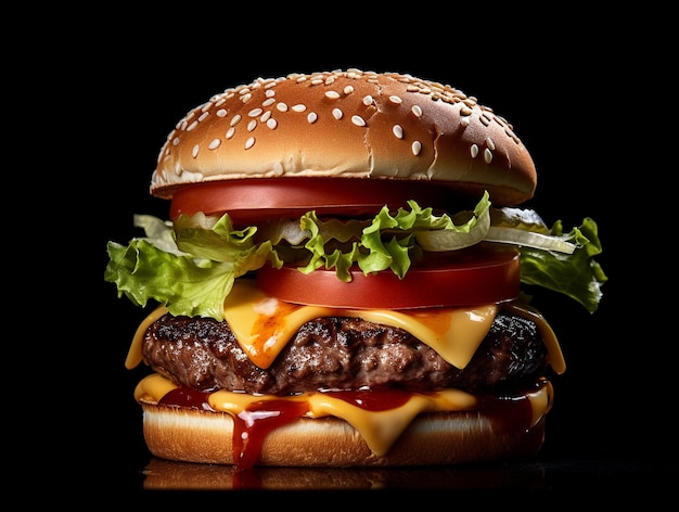 Ein Beefburger mit Salat, Tomaten und Käse, isoliertes Foto auf schwarzem Hintergrund, AI generiert