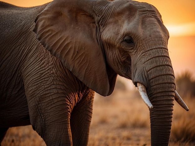 Ein beeindruckender Anblick entfaltet sich, als ein afrikanischer Elefant anmutig durch die sonnenbeleuchtete Savanne wandert, umgeben von den goldenen Farben der Wiesen