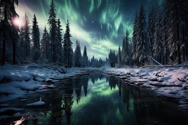 Foto ein beeindruckender farbtanz die aurora borealis spiegelte sich im ruhigen wasser wider