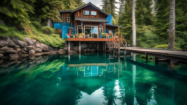 Ein beeindruckendes Bild einer stilvollen Hütte am See mit privatem Dock und modernen Annehmlichkeiten, die das ultimative High-End-Sommererlebnis bieten
