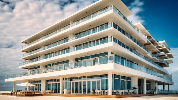 Ein beeindruckendes Bild eines modernen Boutique-Hotels am Strand, das mit seinen klaren Linien und atemberaubendem Meerblick Eleganz und Raffinesse ausstrahlt