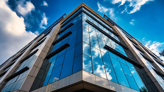 Ein beeindruckendes Bild eines modernen Bürogebäudes, aufgenommen aus einem niedrigen Blickwinkel