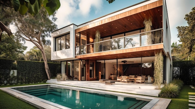 Ein beeindruckendes Foto einer luxuriösen Sommervilla, das seine innovative Architektur und moderne, luxuriöse Atmosphäre hervorhebt
