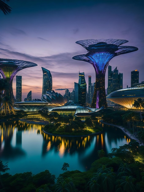 Ein beeindruckendes Stadtbild, das die ikonische Skyline von Singapur zeigt