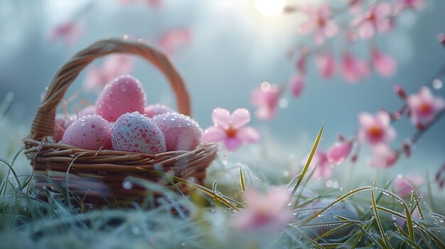 Foto ein beerenkorb mit einer rosa blume im hintergrund