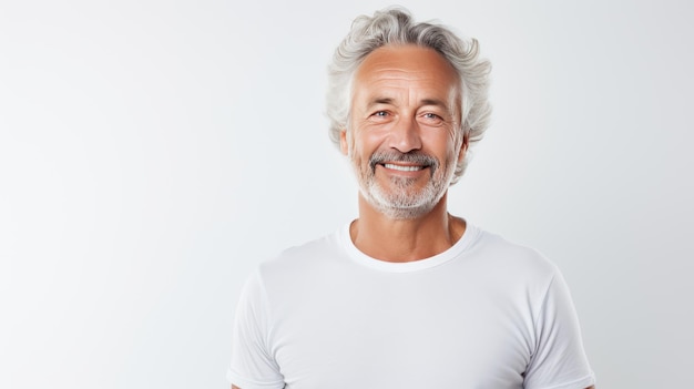Ein begeisterter älterer Mann mit Bart lächelt auf weißem Hintergrund in die Kamera