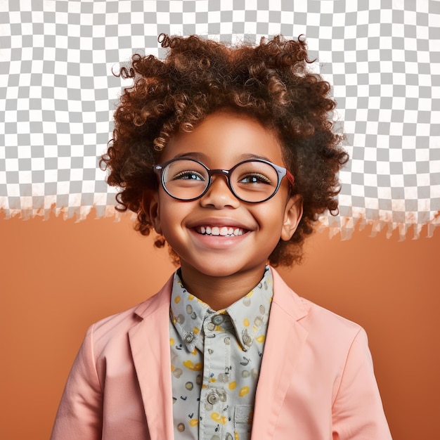 Ein begeisterter Junge mit welligem Haar afrikanischer Abstammung, gekleidet in Einzelhandelsverkäuferkleidung, posiert im Stil „Augen über eine Brille schauend“ vor einem pastellfarbenen Korallenhintergrund