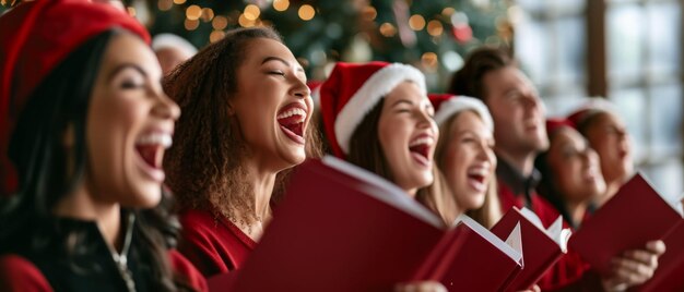 Foto ein begeisterter weihnachtschor singt harmonisch und hält die noten bei der feier.