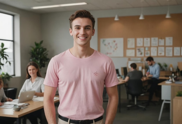 Ein beiläufiger Mann in einem rosa T-Shirt lächelt in einem Büro. Sein ansprechbarer Blick fördert eine freundliche Arbeit.