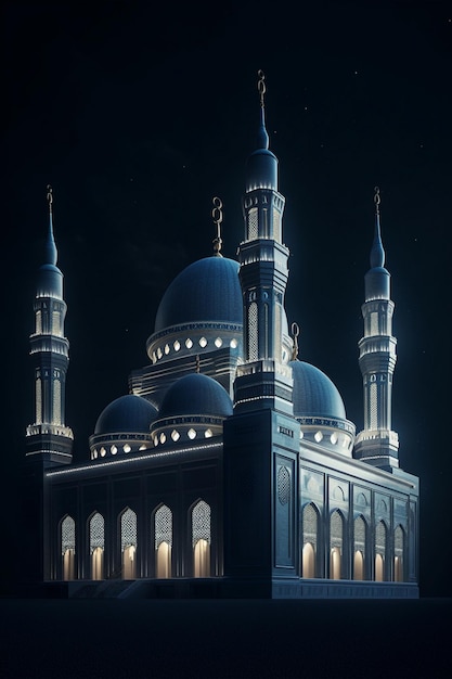 Ein beleuchtetes Bild einer Moschee mit blauen Kuppeln und beleuchteten Lichtern.